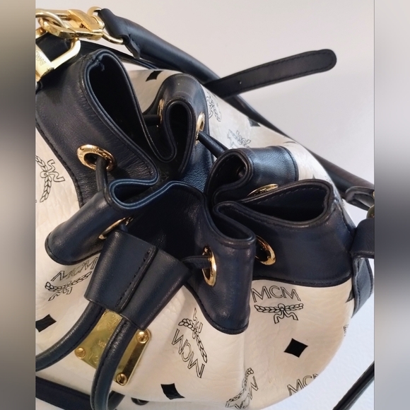 AUTH MCM Navy Blue and White Bucket Bag with Gold Accents and registration card - Picture 10 of 14